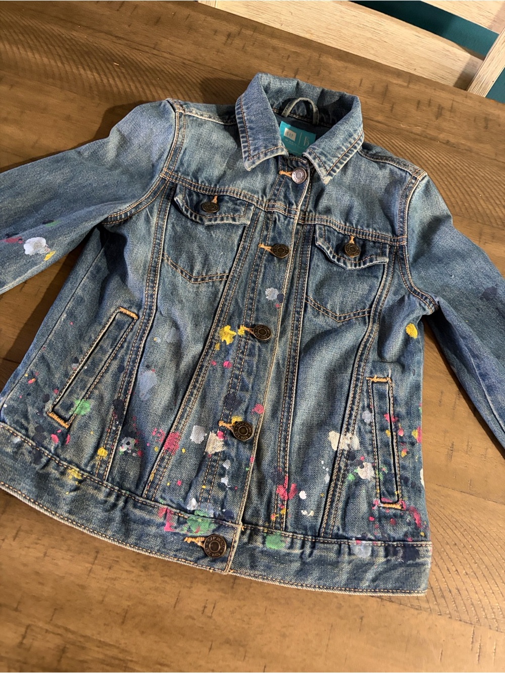 GAP Blue Denim Kids Jacket with Multicolor Paint Splatters